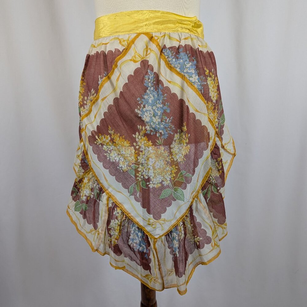 Vintage Half Apron Yellow Brown Floral Flower 70s 80s Cottagecore MCM Organza